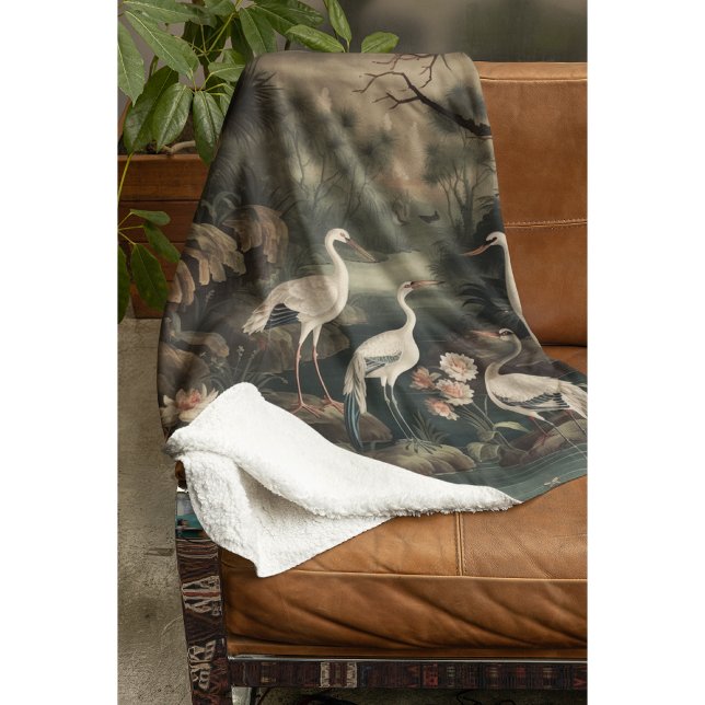 Antique Naturalist White Crane River Scene Fleece Blanket (Creator Uploaded)