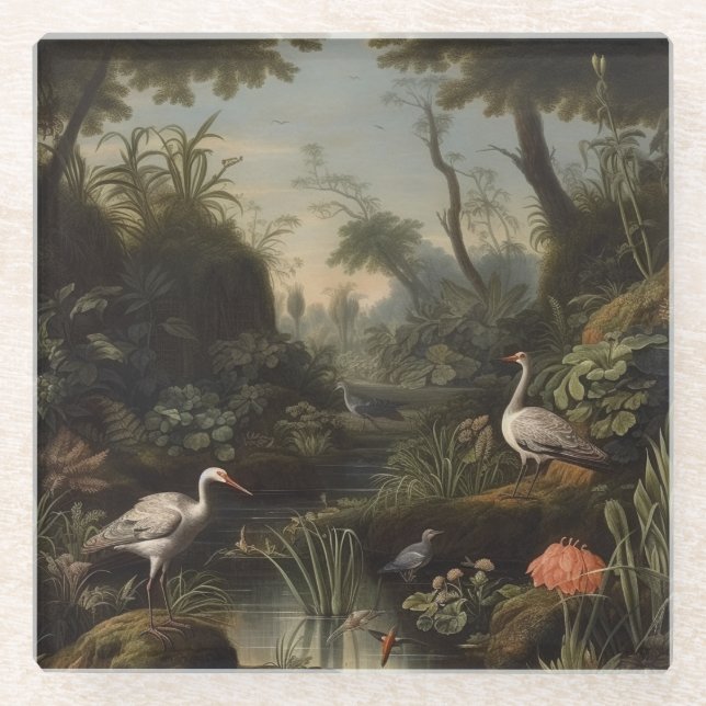 Antique Naturalist White Crane River Scene Glass Coaster (Front)