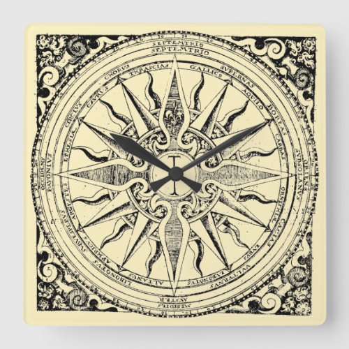Antique Nautical Compass And Winds Print Square Wall Clock