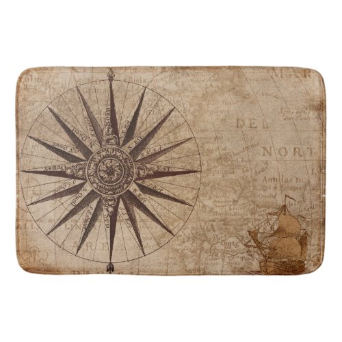 Antique nautical compass map bath mat