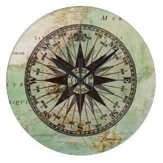 Antique Nautical Compass & Map Clock