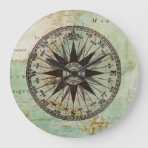Antique Nautical Compass &amp; Map Clock