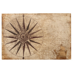Antique nautical compass map metal print
