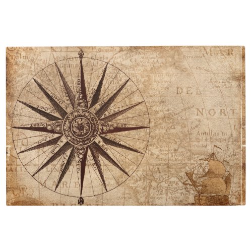 Antique nautical compass map metal print