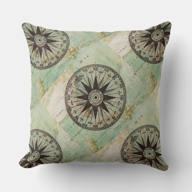Antique Nautical Compass & Map Pillow (Front)