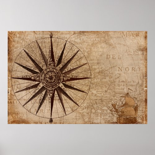 Antique nautical compass map poster