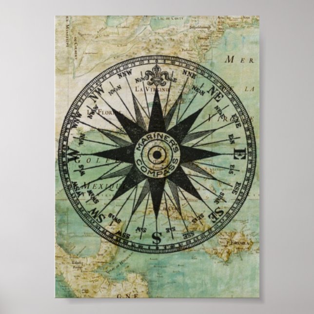 Antique Nautical Compass & Map Poster (Front)