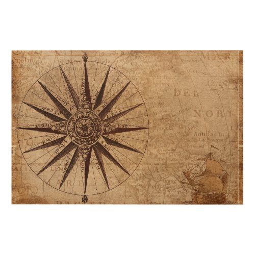 Antique nautical compass map wood wall art