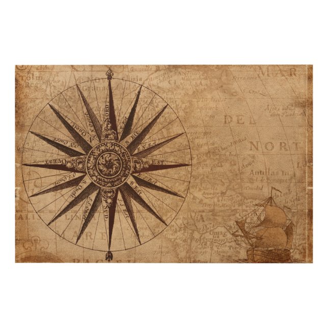Antique nautical compass map wood wall art (Front)