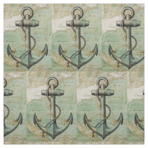 Antique Nautical Map & Anchor Fabric by the Yard