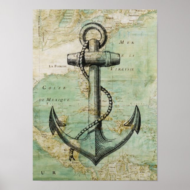 Antique Nautical Map & Anchor Poster (Front)