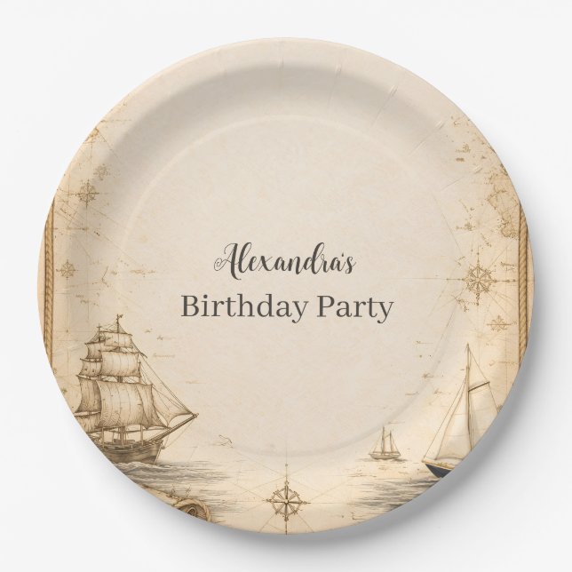Antique Nautical Map Birthday Paper Plates (Front)
