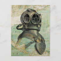 Antique Nautical Map &amp; Dive Helmet Postcard