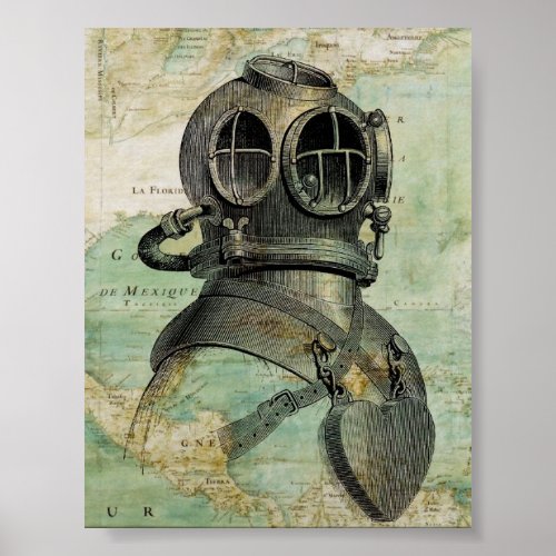 Antique Nautical Map  Dive Helmet Poster