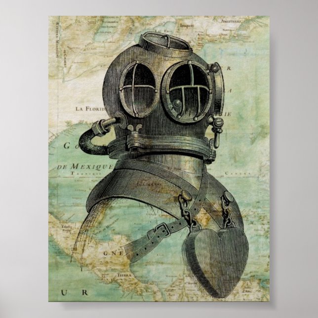 Antique Nautical Map & Dive Helmet Poster (Front)