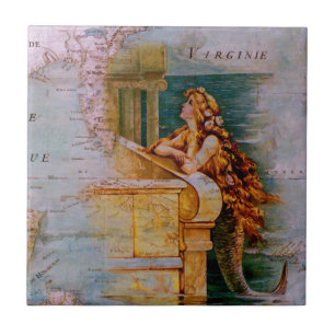 Antique Nautical Map & Mermaid Ceramic Tile