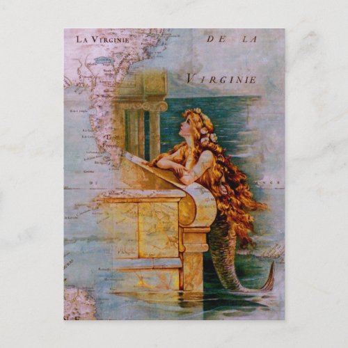 Antique Nautical Map  Mermaid Postcard