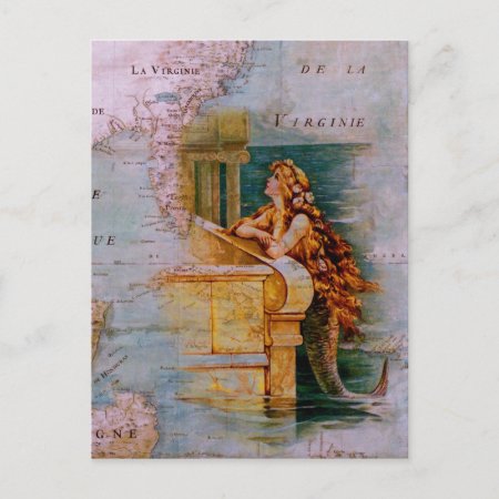 Antique Nautical Map & Mermaid Postcard