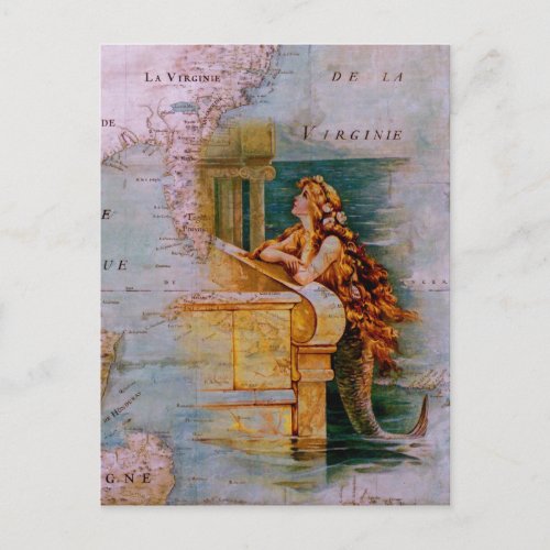 Antique Nautical Map  Mermaid Postcard