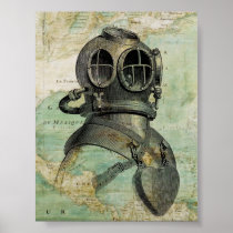 Antique Nautical Map with Dive Helmet Poster