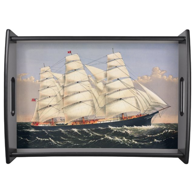 Antique Nautical Sailing Ship Currier & Ives Serving Tray (Front)