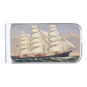 Antique Nautical Sailing Ship Currier & Ives Silver Finish Money Clip