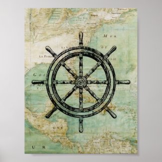 Antique Nautical Ships Wheel & Map Poster