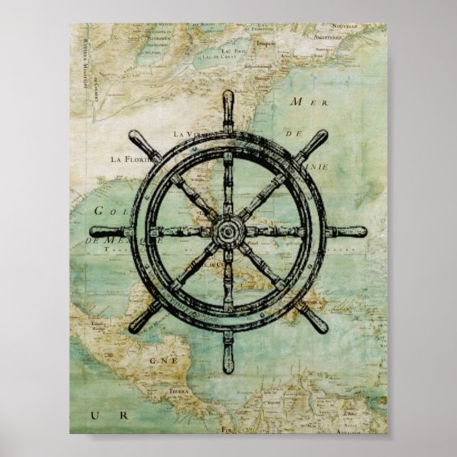 Antique Nautical Ships Wheel & Map Poster (Front)