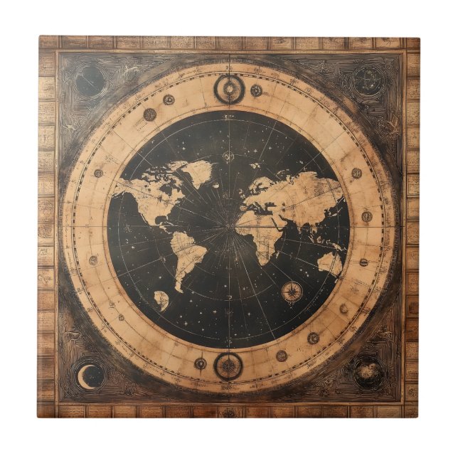 Antique Nautical World Globe Moon Navigation Map Ceramic Tile (Front)