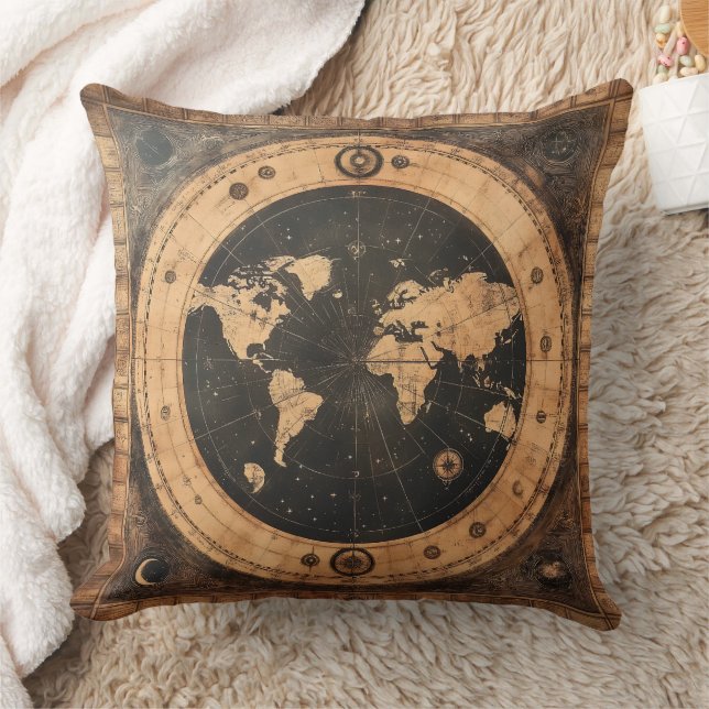 Antique Nautical World Globe Moon Navigation Map Throw Pillow (Blanket)