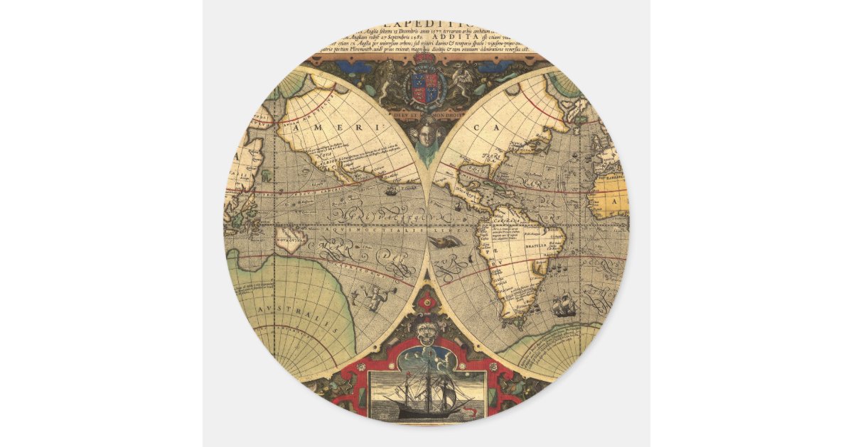 Antique Nautical World Map Classic Round Sticker | Zazzle