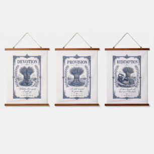 Antique Navy Blue Ruth Bible Story Trio Vintage Hanging Tapestry