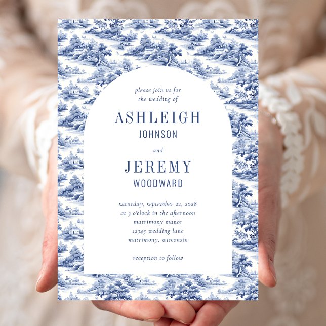 Antique Navy Blue White Arch Toile Wedding Invitation (Creator Uploaded)