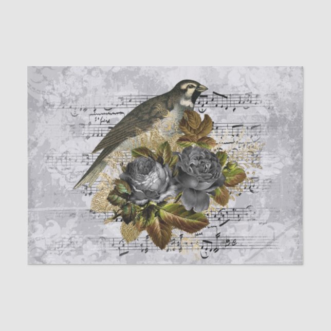 Antique Neutral Floral Bird Tissue Paper (Front)