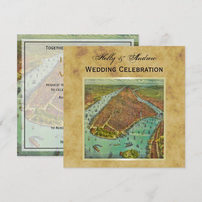 Antique New York City Map Distressed BG SQ Wedding Invitation (Front/Back)