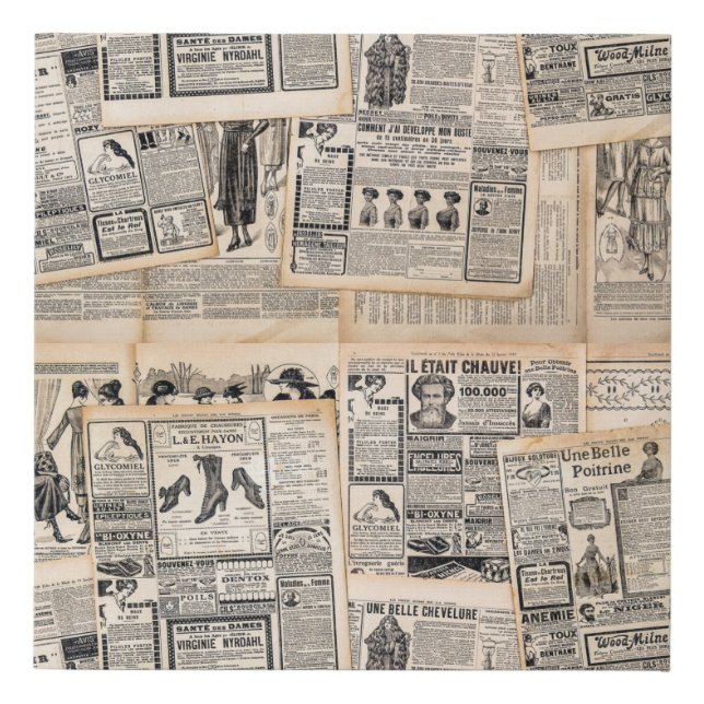 Antique Newspaper Advertisement Sheets Decoupage Faux Canvas Print (Front)