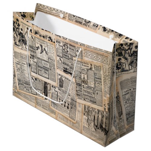 Antique Newspaper Advertisement Sheets Decoupage Large Gift Bag