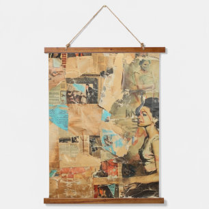Antique Newspaper Women Sepia Blue Retro Hanging Tapestry