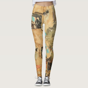Antique Newspaper Women Sepia Blue Retro Leggings