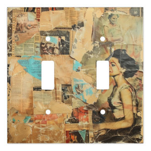 Antique Newspaper Women Sepia Blue Retro Light Switch Cover