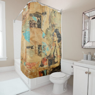 Antique Newspaper Women Sepia Blue Retro Shower Curtain
