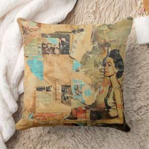 Antique Newspaper Women Sepia Blue Retro Throw Pillow