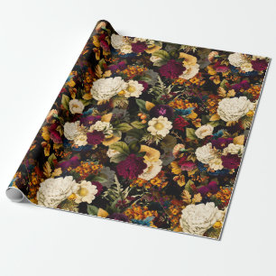 Antique Nostalgic Anemone and Roses Pattern black Wrapping Paper