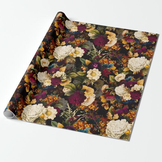 Antique Nostalgic Anemone and Roses Pattern black Wrapping Paper (Unrolled)