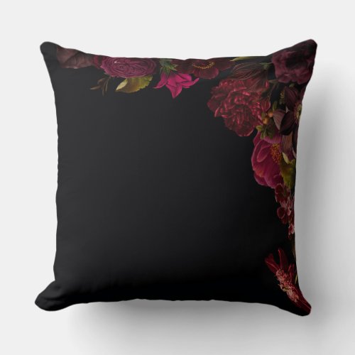 Antique Nostalgic Dark Roses And Flowers On Black Throw Pillow