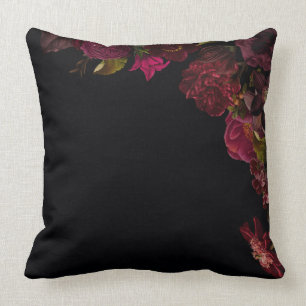 Antique Nostalgic Dark Roses And Flowers On Black Throw Pillow