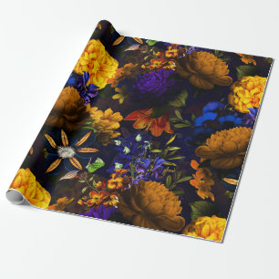 Antique Nostalgic Purple Yellow Flowers Pattern Wrapping Paper