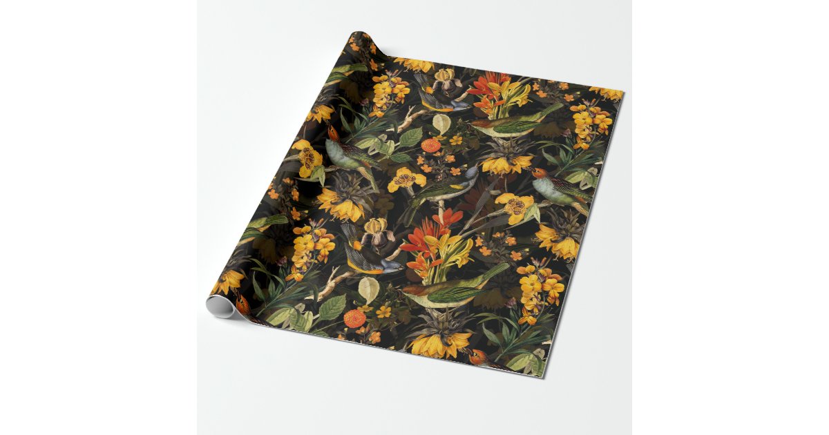 Antique Nostalgic Redouté Flowers and Birds black Wrapping Paper