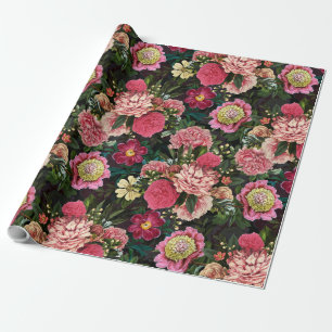 Antique Nostalgic Redouté Peonies Pattern black Wrapping Paper