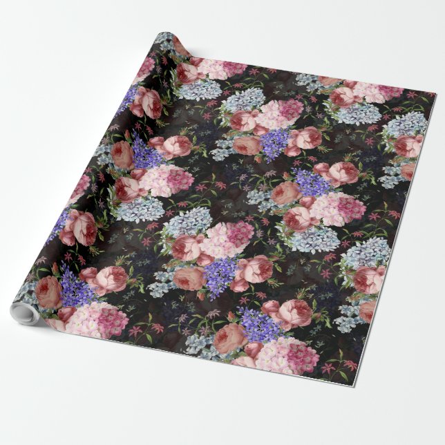 Antique Nostalgic Redouté Roses and Lilacs Wrapping Paper (Unrolled)
